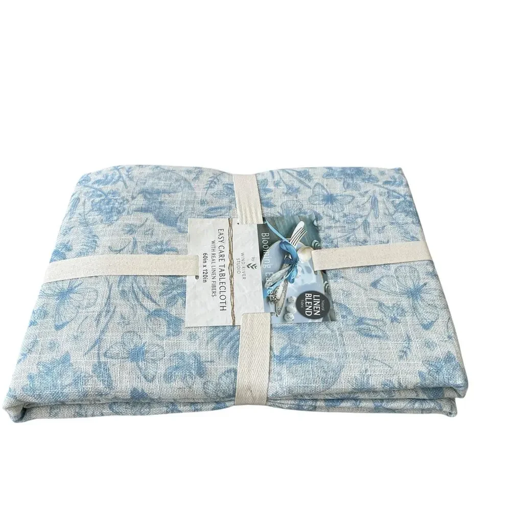 Blooming Easter Blue Bunny Rabbit Floral Tablecloth 60x120 Linen Blend NEW